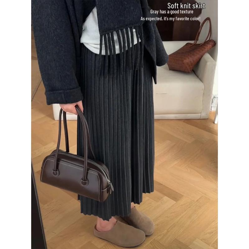 Elegant Korean Imitation Cashmere A-line Pleated Midi Skirt for Women - Autumn/Winter 2025 Slimming Drape Style