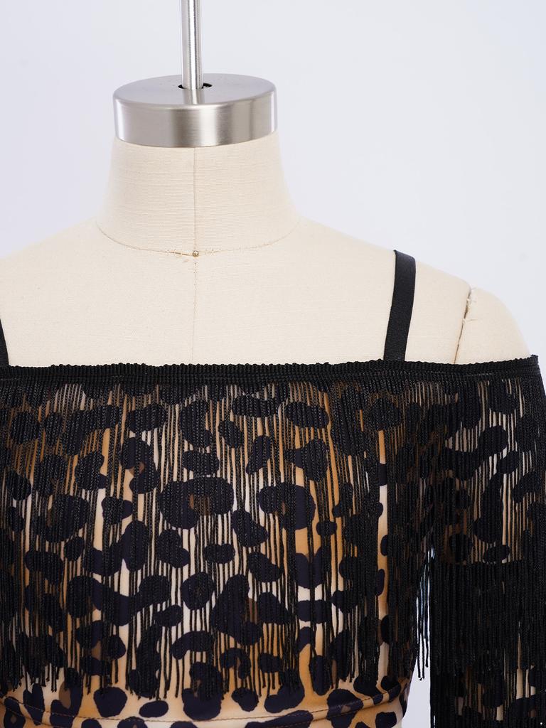 Mädchen Leopardenmuster Quasten Latein Tanz Outfit Langarm Crop Top Träger Verstellbare Hose