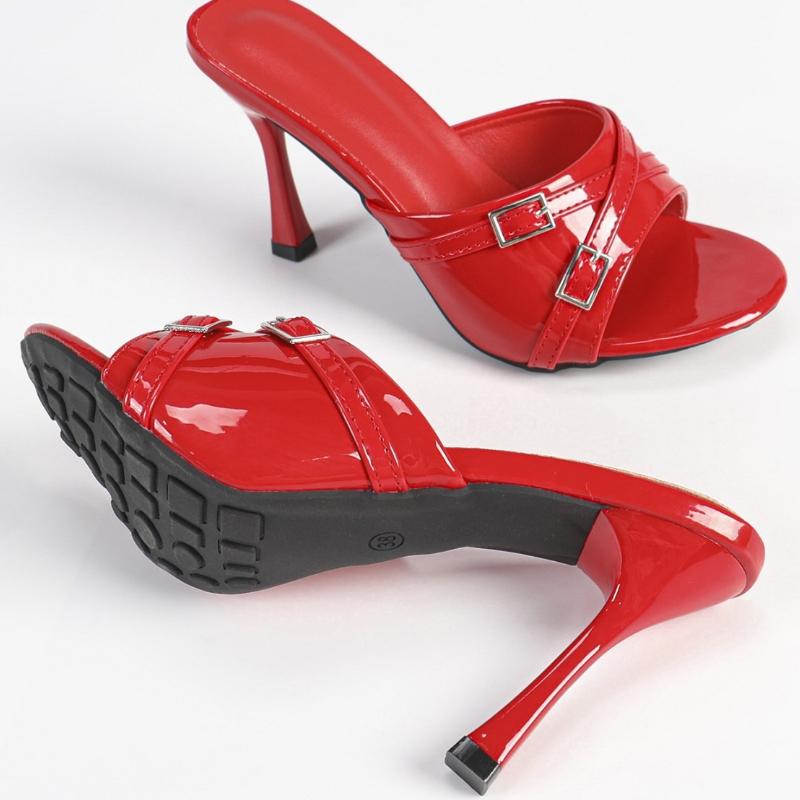 Fashion High Quality Patent Leather Buckle High Heel Sandals Women Sexy Open Toe Round Toe Designer Brand Sandals Comfort Banquet Pumps