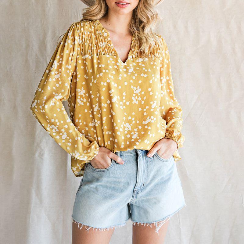 

2024 Fall Thin Long Sleeve Thin Chiffon Shirt for Women Fashion Wind Dandelion Small Flower Print Base Tops Women Yellow 2 Size XL Fit (87.50 kg-95.00 kg