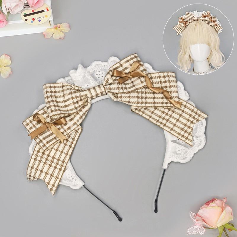 Handmade Lolita Maid Headband With Houndstooth Cosplay Anime Convention Womens Hair Accessory