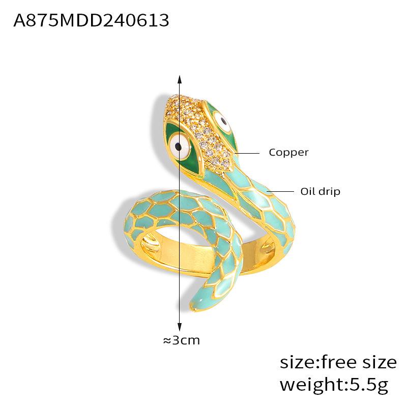 

Кольцо-змея в стиле INS из меди: Европейский и американский хип-хоп дизайн, регулируемая эмаль с балансировкой веса. Size 7