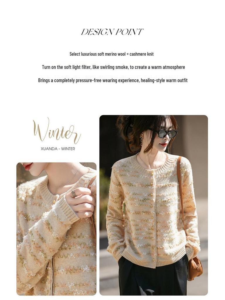 Dámský luxusní pletený vlněný kardigan - Volný střih, kulatý výstřih, svetr s dlouhým rukávem pro podzim/zimu