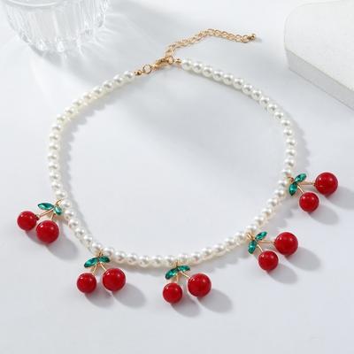 Collar de Perlas para Mujer con Colgante de Cereza Joyería Regalo Cadena para el Cuello Collar con Colgante de Cereza Mujer