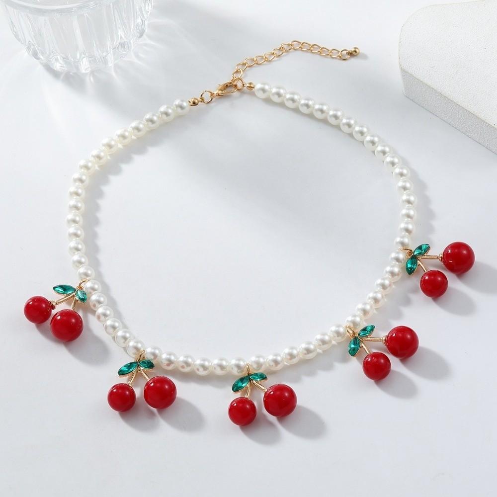 Cherry Pendant Women's Pearls Necklace Jewelry Gift Neck Chain Cherry Pendant Necklace  Women