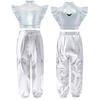 Girls Shiny Cargo Pants Metallic Ruffle Crop Top Rhinestone Adorned Mesh Patchwork Hip Hop Set