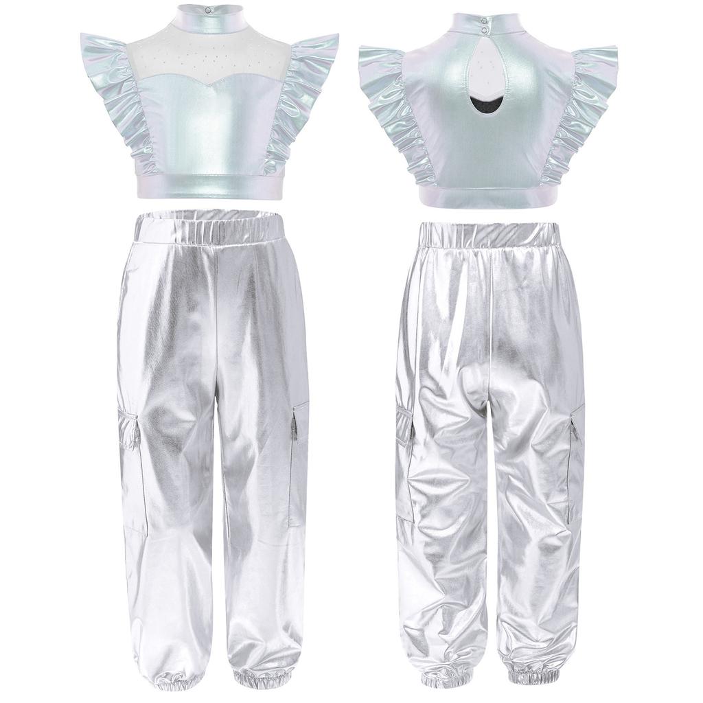 Girls Shiny Cargo Pants Metallic Ruffle Crop Top Rhinestone Adorned Mesh Patchwork Hip Hop Set