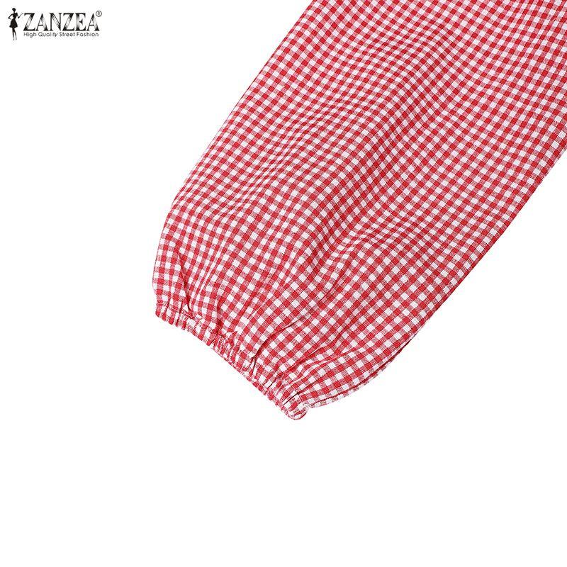 ZANZEA Women Casual Round Neck Long Sleeve Plaid Print Dress