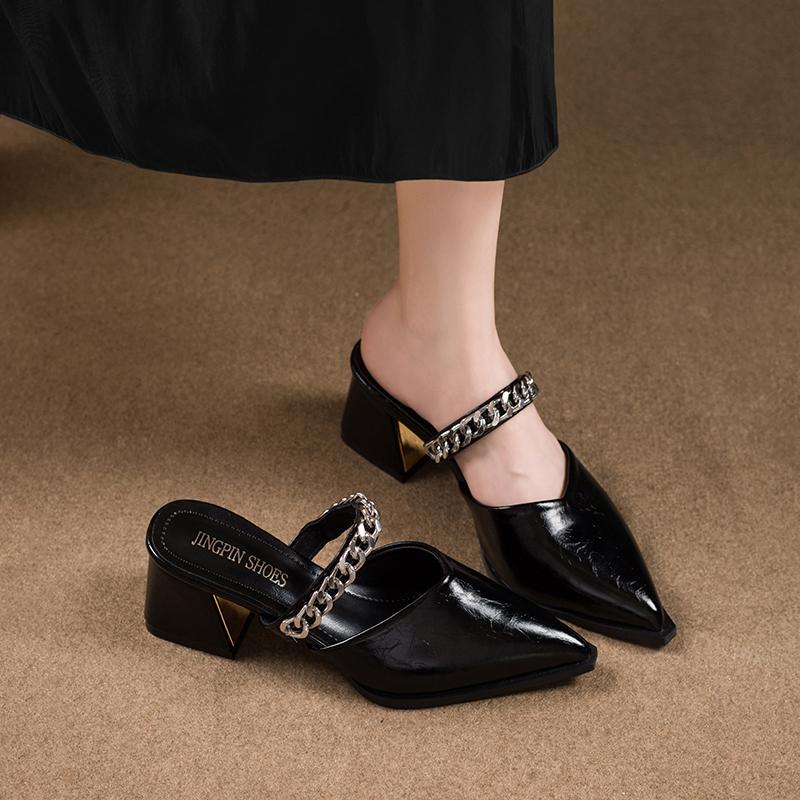 

Модная обувь Женская 2025 Тапочки Каблуки Закрытый носок Роскошные Тапочки Высокие Дизайнерские Летние Новые Натуральная кожа Модные Тапочки Женские 34 чёрный