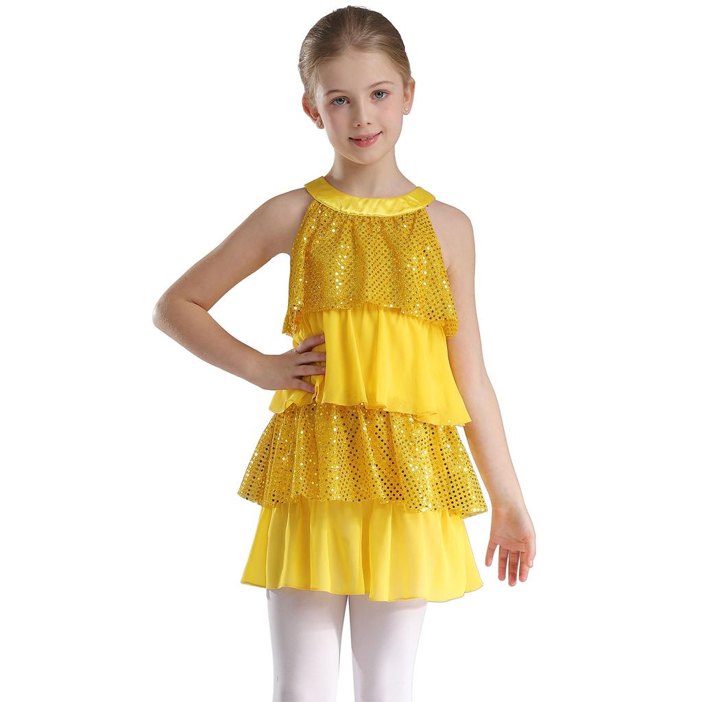 Gestuftes Rüschen-Mädchen-Tanzkleid Glänzende Pailletten Patchwork A-Linie Ärmellos Aufführungskostüm