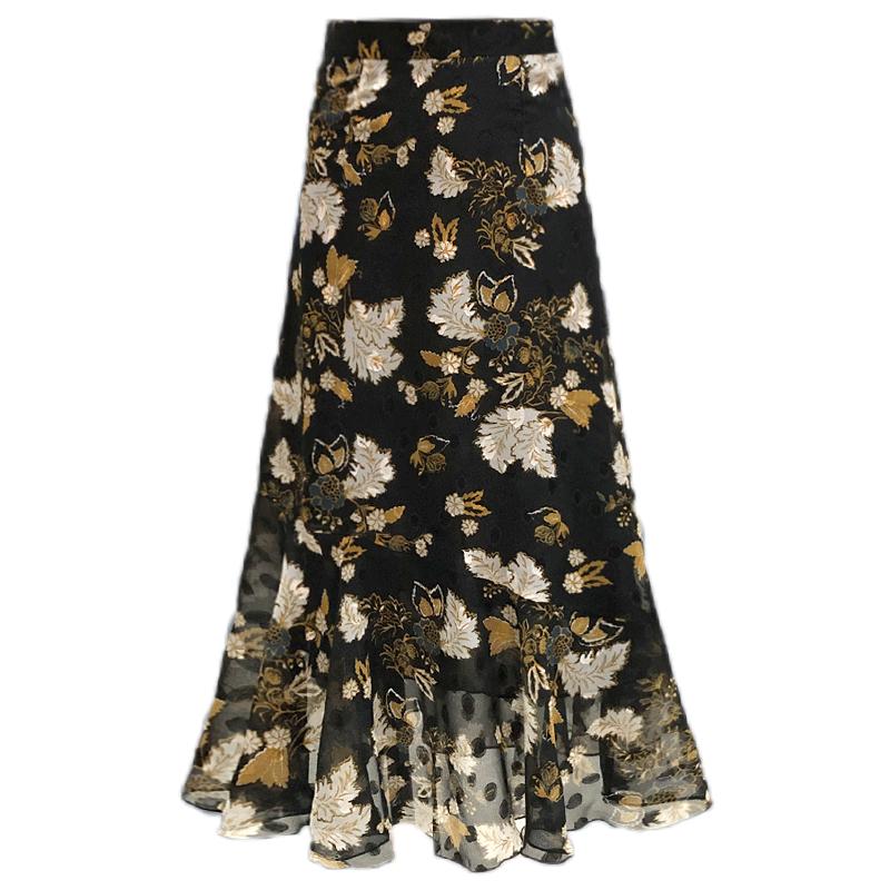 Women's Summer Half Skirt A-line Fishtail Skirt Chiffon Printed Mid Length High Waist Half Skirt