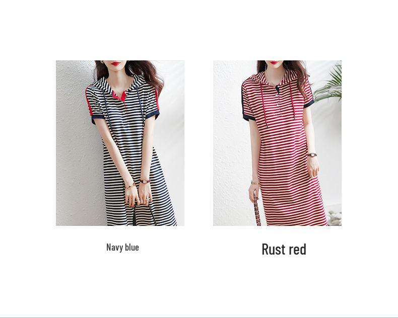 Women's Summer 2023 Elegant Striped Hooded Mid-Length Dress