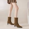 Krazing Pot Cow Suede Nubuck Autumn Winter Shoes Thick High Heels Big Size 43 Modern Boots Square Toe Keep Warm Slip on Mid-calf Boots