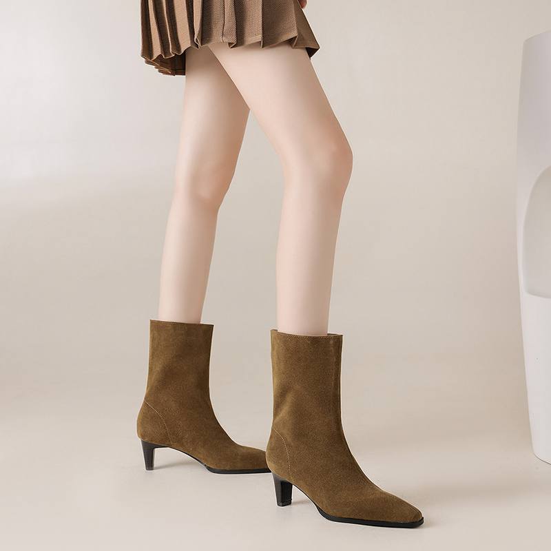 Krazing Pot Cow Suede Nubuck Autumn Winter Shoes Thick High Heels Big Size 43 Modern Boots Square Toe Keep Warm Slip on Mid-calf Boots