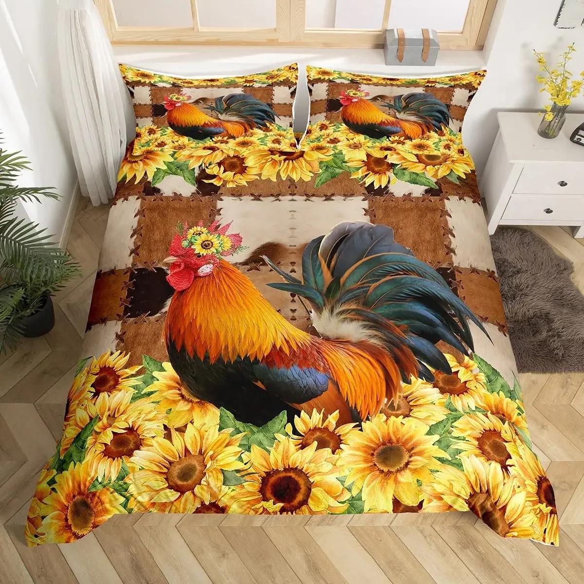 

Comforter Farm Animal Chicken Twin King Size Country Sunflower Rooster Comforter Microfiber Rustic Farmhouse Bedding Set Comforter (quilt)-EU Single(135*200cm)3pcs