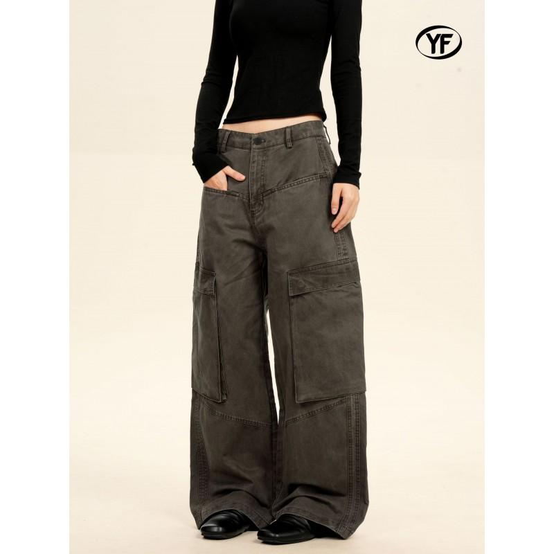 Men Women Vintage Cargo Pants Loose Fit Wide Leg Streetwear Casual Trousers