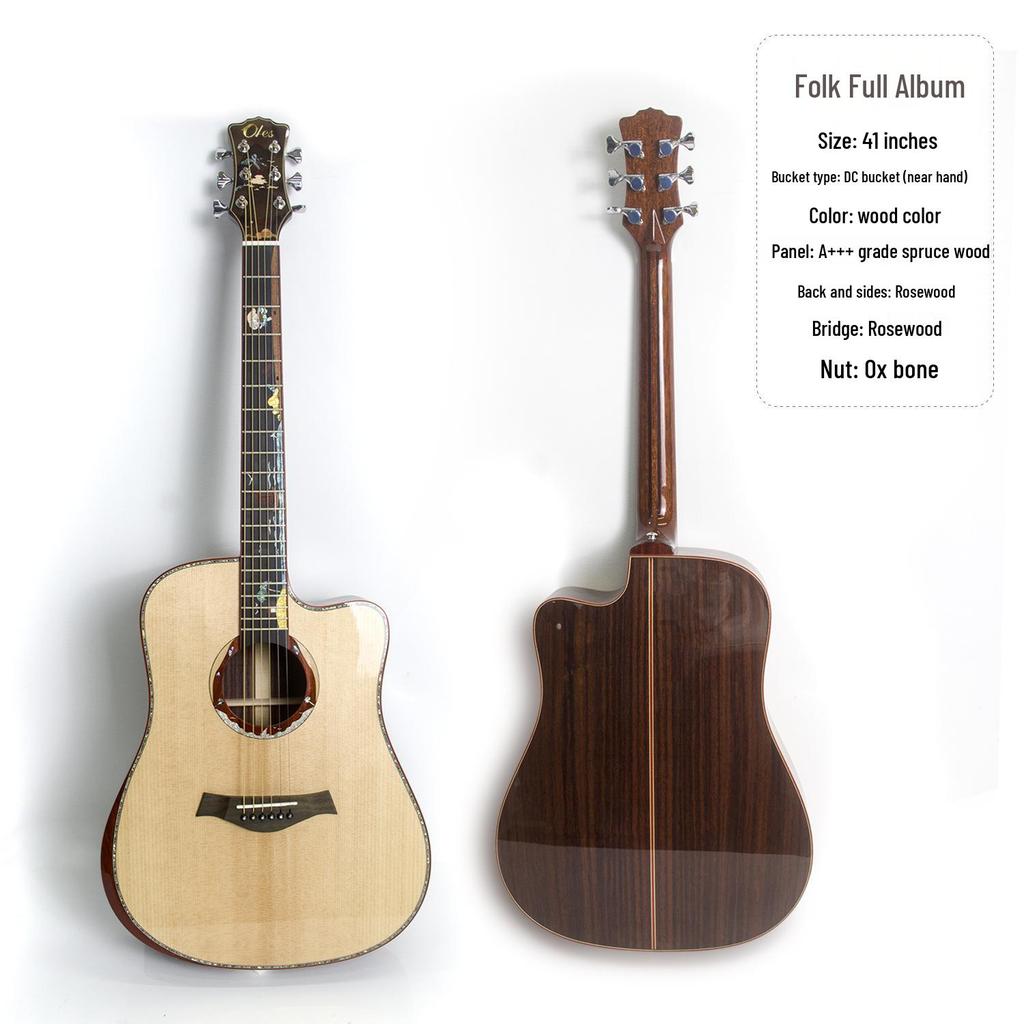 41-Inch Solid Spruce Rosewood Acoustic Folk Guitar - High-End Performance