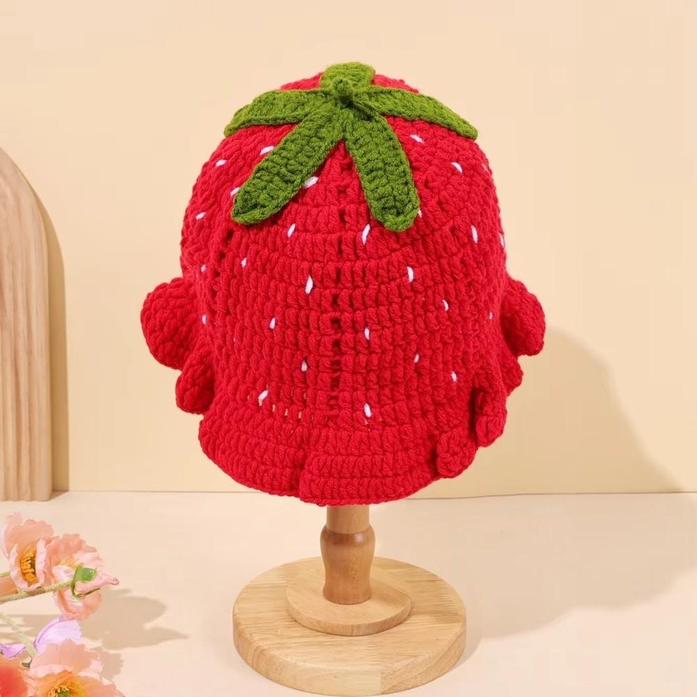 Cute Handmade Fisherman Hat Strawberry Design Red Knitted Hat Warm Hollow Yarn Hat for Girl