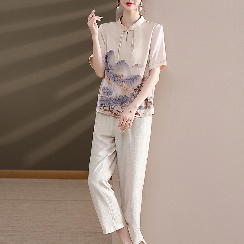 

2026 Summer Short Sleeve T-shirt Two-Piece Set for Plus-Size Middle-Aged and Elderly Women 2XL [120-135 jin]
