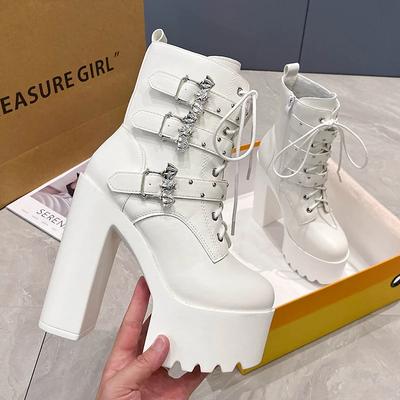 Winter Fashion Sexy Platform Lace Up Belt Buckle White Black Thick Sole High Heel Short Boots Women Party Dance Shoes