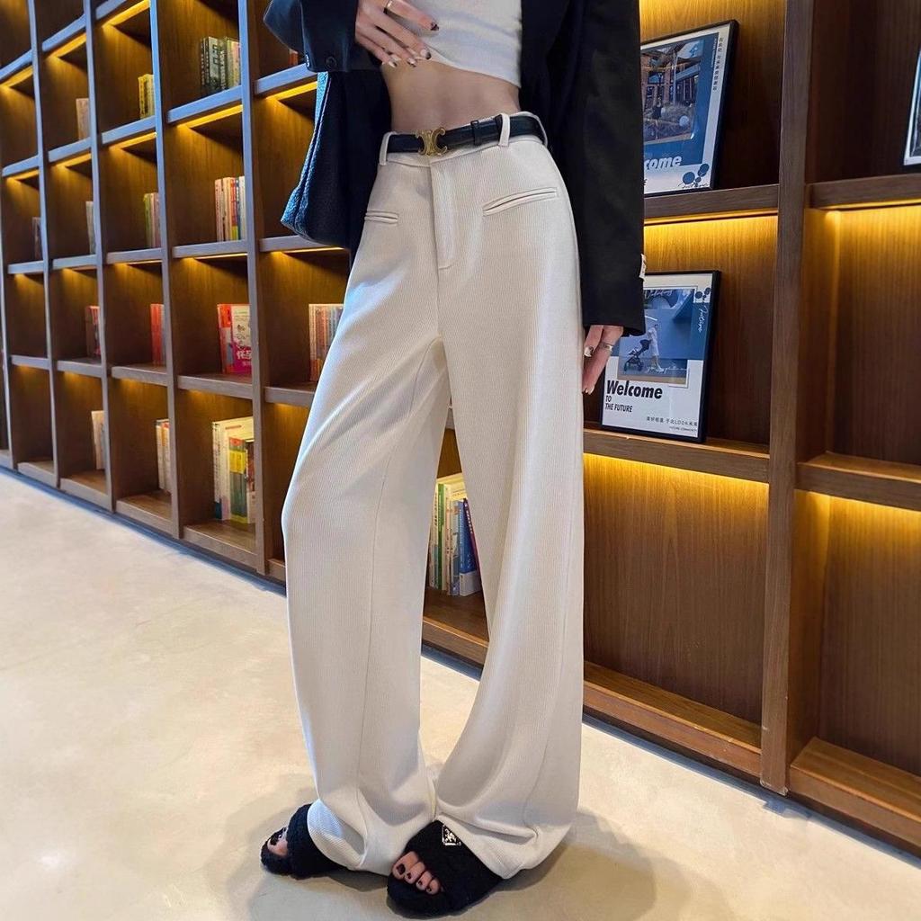 Women's High-Waisted White Chenille Corduroy Wide-Leg Pants - Spring/Summer Casual Trousers