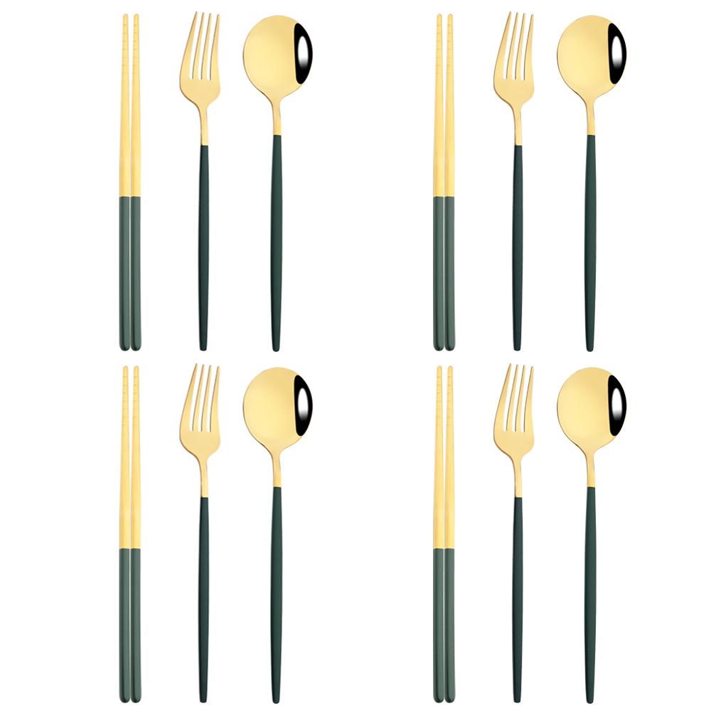 12dílná zlatá jídelní sada hůlky vidlička lžíce příborová sada vysoce kvalitní zrcadlová nerezová ocel příbory korejské nádobí