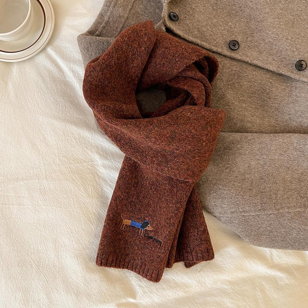 New Autumn and Winter Knitted Wool Scarf for Women Korean Version Versatile Embroidered Dachshund Woolen Neck Scarf Thickened Warm Scarf