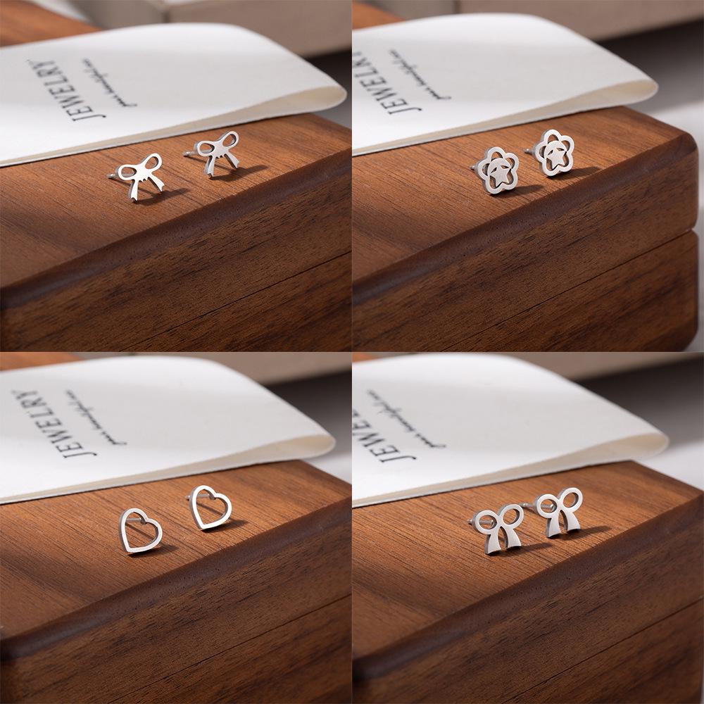 European & American Style Titanium Steel Star, Moon & Bowknot Stud Earrings for Women