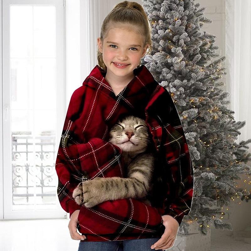 Girls' 3D Animal Cat Hoodie Long Sleeve 3D Print Spring Fall Winter Fashion Streetwear Adorable Kids 3-12 Years Outdoor Daily Indoor Regular Fit