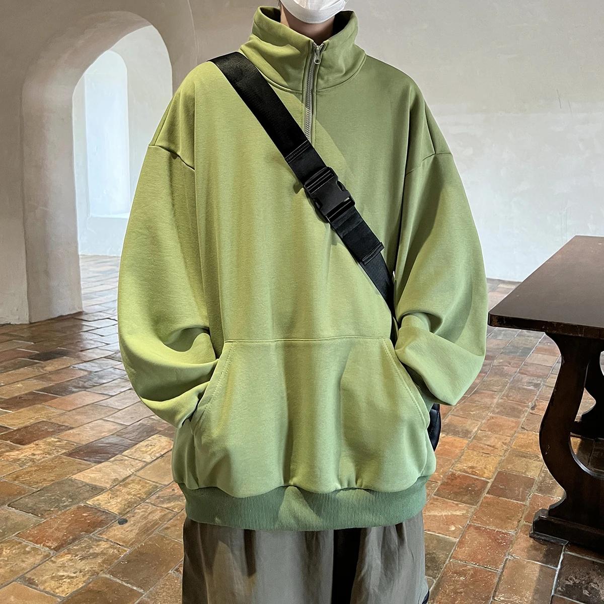

Зимние мужские флисовые толстовки с капюшоном, корейская мода, воротник-стойка, толстый пуловер, мужская свободная теплая куртка-подкладка, мужская уличная одежда, тяжелая толстовка L зелёный