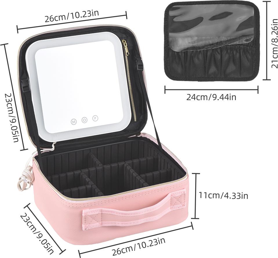 Travel Makeup Train Case with Mirror LED Light Adjustable Brightness Large Capacity Cosmetic Bag