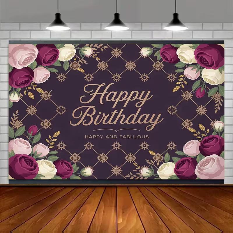 2D Lila Blumige Geburtstagskulisse, Happy Birthday Rosen-Party Hintergrundtuch