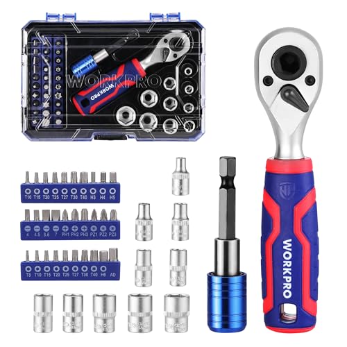 WORKPRO Socket Wrench Set, Bit Ratchet Set, 6.35mm Drive, 42-Piece 2-in-1 Ratchet Wrench, Ratchet Handle Set, Dual-Use Head, Extension Bit Holder, Sto
