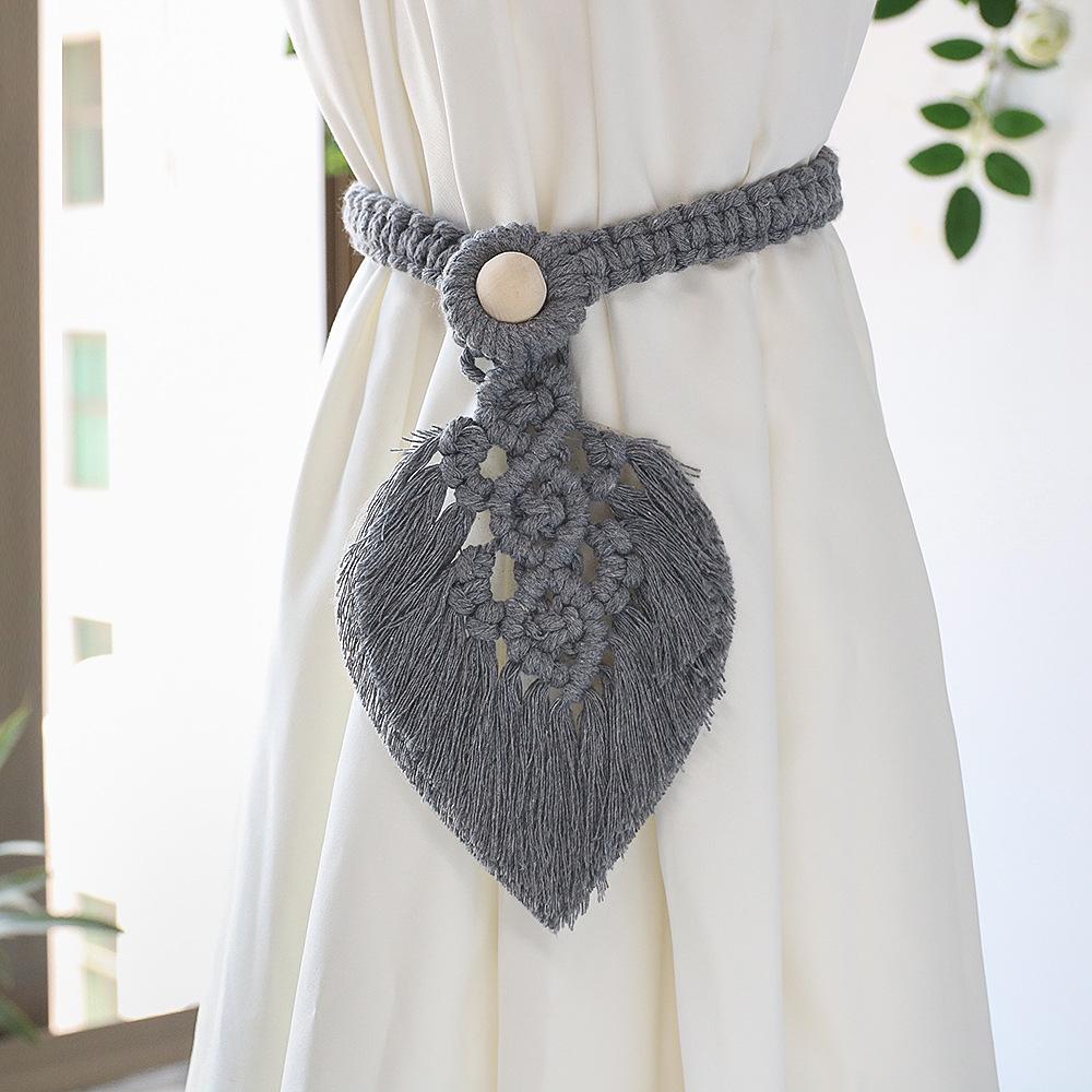 Bohemian Woven Curtain Tiebacks with Tassel, Leaf, and Wood Bead Decor