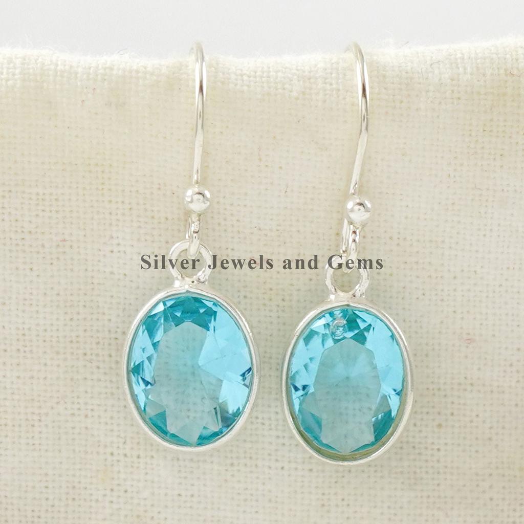 Oval Blue Topaz Earrings, Handmade 925 Sterling Silver Bezel Earring