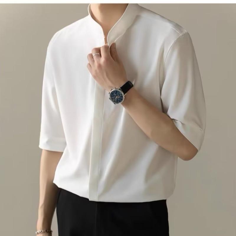 Men Mandarin Collar Half Sleeve Button Down Shirt Casual Loose Breathable Lightweight Business Casual Summer Top