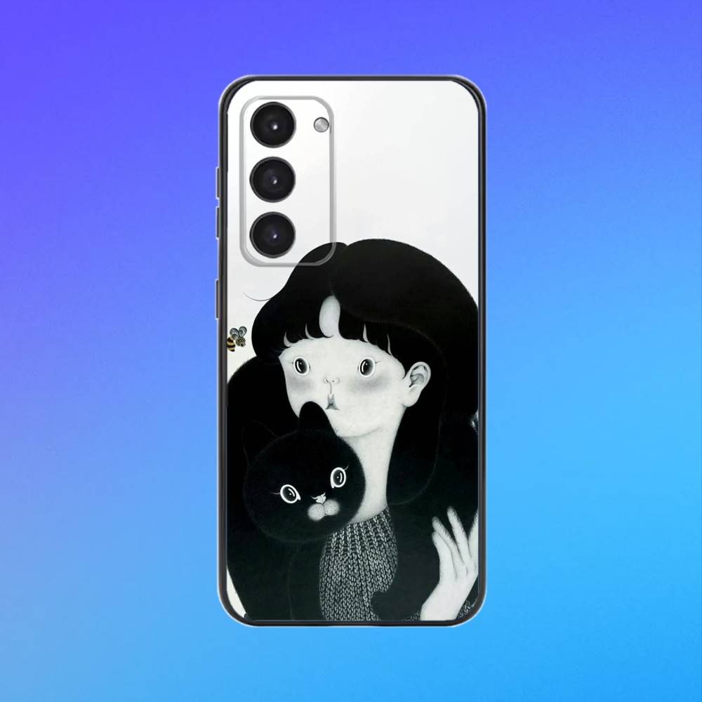 cute cat by artist Park Sung-O Phone Case For Samsung A73,A72,A71,A70,A53,A52,A51 Black Soft Case