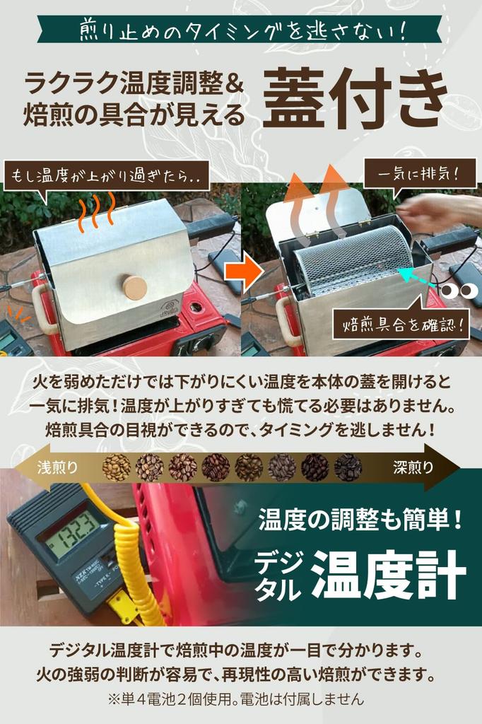 IRUBO No Hand Crank Automatic Electric Coffee Roaster with Digital Stainless Steel and Direct Flame Roaster [USB-powered, Required!] Thermometer, Lid,