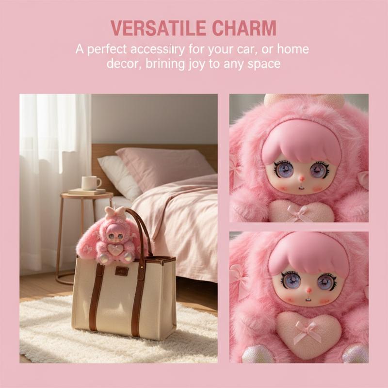 Cute Vinyl Doll Keychain with Rabbit Ears Heart Charm for Handbag Purse and Backpack Ornaments