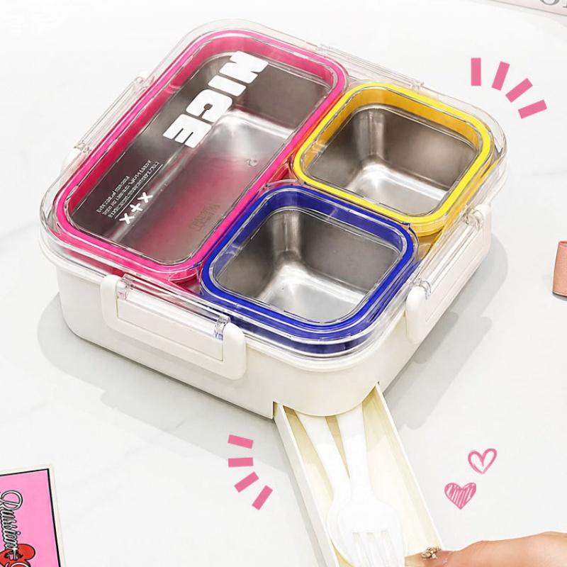 304 Stainless Steel Bento Box 3/4 Grid Leak-Proof Sealed Microwave Safe for Back to School Student Gift Use