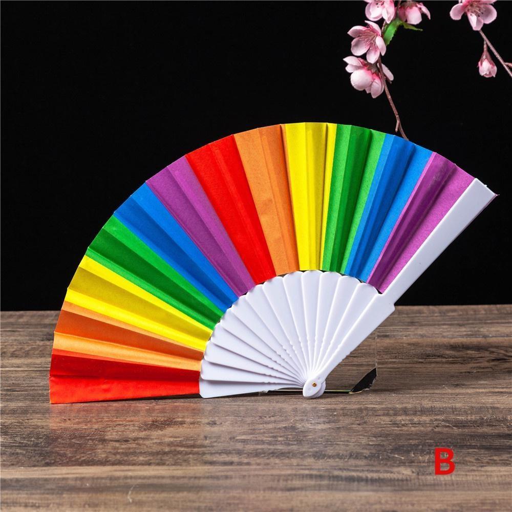 

Rainbow Hand Crank Fan Foldable Oriental Style Silk Fabric Pocket Hand Fans Party Fovor Personality Dance Fan Gifts B