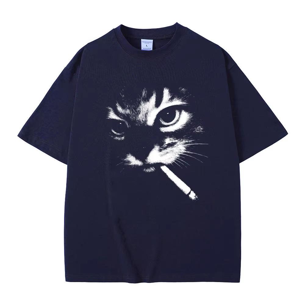 

Funny Meme Smoking Cat Face Graphic T-shirt Men Women Casual Cotton Vintage T Shirts Men s Oversized T-shirts Cats Lovers Gifts S