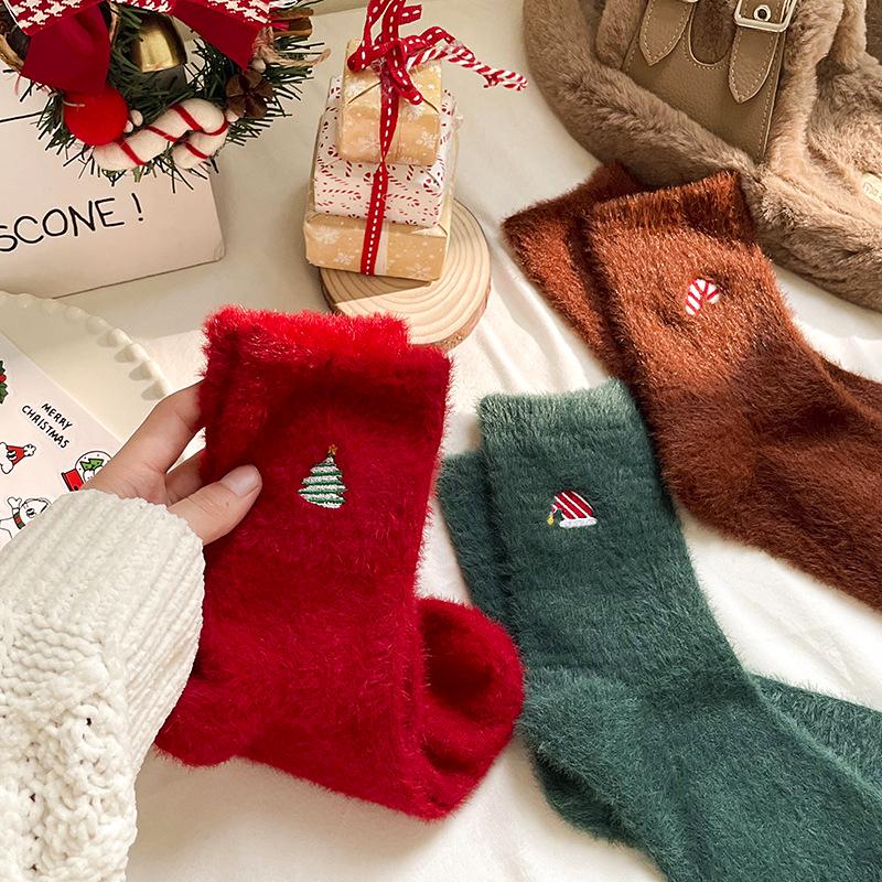 Polyester Soft Home Floor Socks Christmas Fluffy Socks Party Mink Fur Soft Sock Warm Christmas Embroidered Socks Home