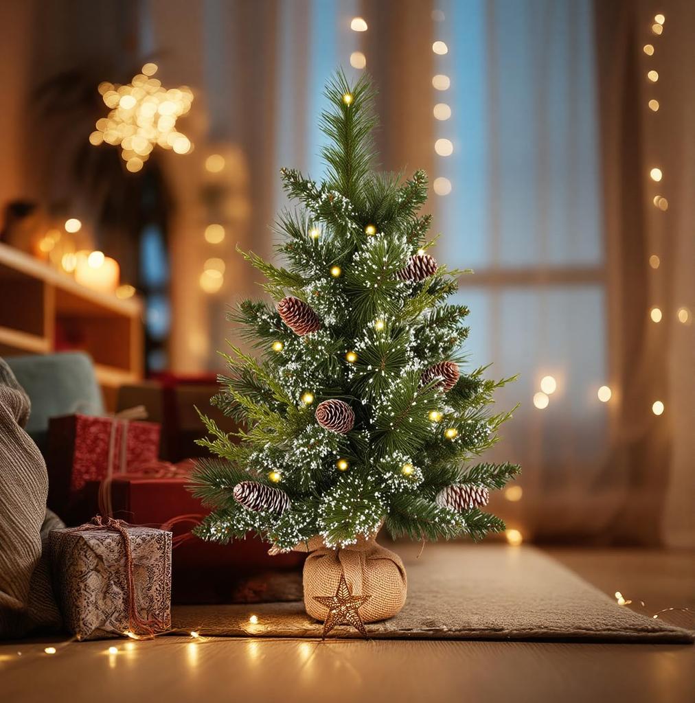 deeinglif 2ft Mini Christmas Tree with LED Lights, Pine, Branches, Cones, Cloth Bag Base – Holiday Decor