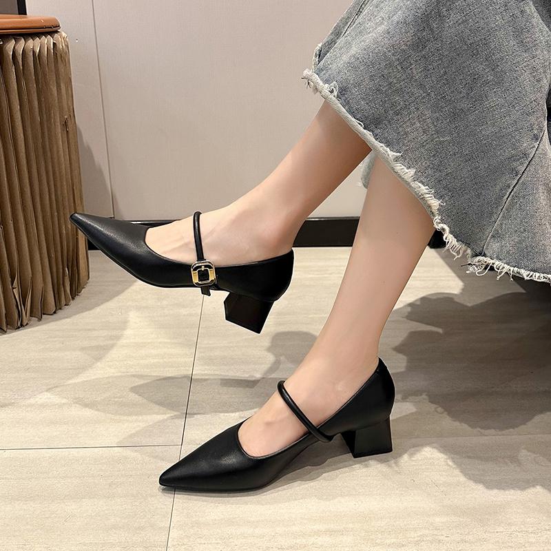 Women Shoes Pointed Toe Chunky Sandals Fashion Spring Dress Shoes Elegant Buckle Pumps Outdoors Solid Color Female Shoes