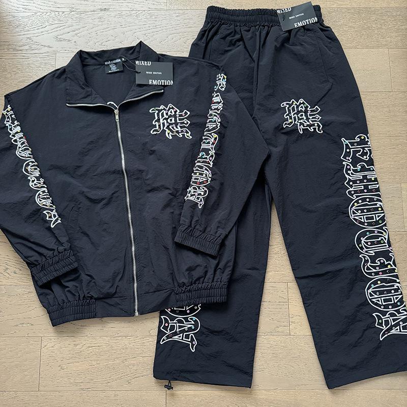Unisex Rhinestone Zipper Hooded Cardigan & Sweatpants Set with Letter Print.