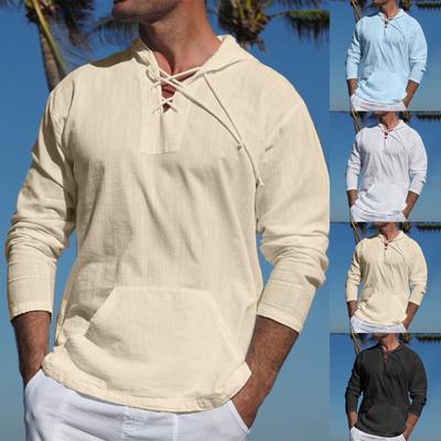 Men's Sports Casual Tropical Cotton and Linen Tie T-shirt Pocket Decoration Solid Color Hooded Long Sleeve Trendy Shirt