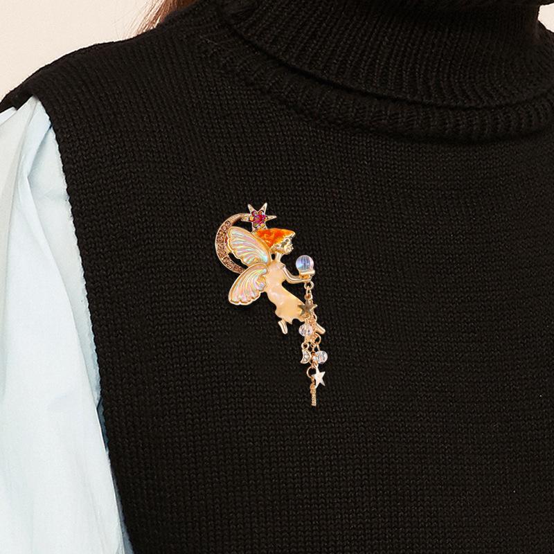 Crystal Angel Female Fashion Moon Star Tassel Accessories Cute Elf Brooch