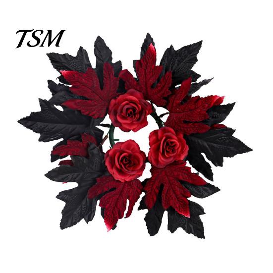 Reusable Plastic Props Halloween Floral Candle Ring, Artificial Maple Rose Wreath for Festive Atmosphere Decorations Holder, Spooky Table Centerpiece
