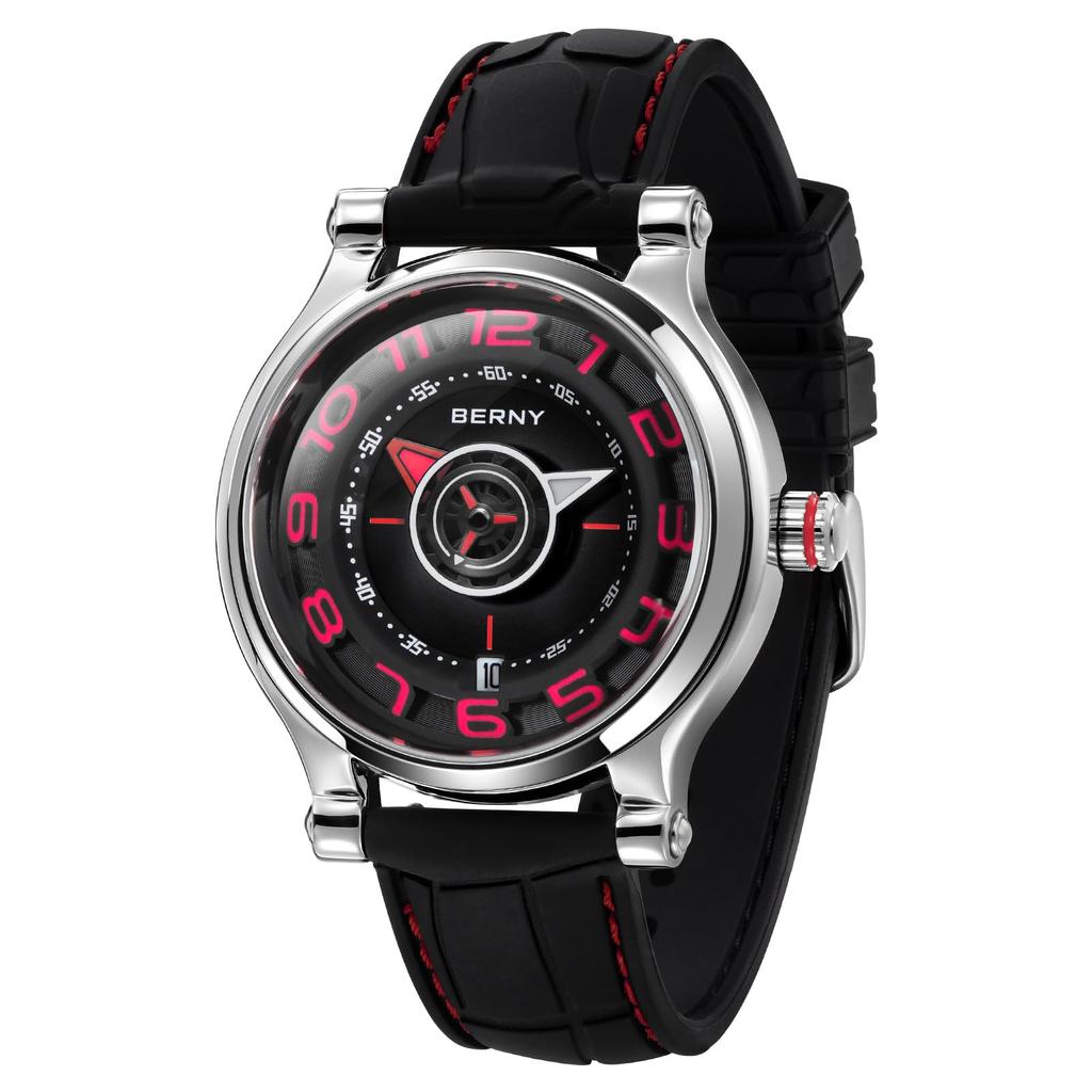 BERNY Zegarek Mechaniczny Zegarek Automatyczny i Manualny Ruch Miyota 8215 Wielofunkcyjny Kalendarz Świecące Wskazówki Wystawa Tylna Okładka 5ATM